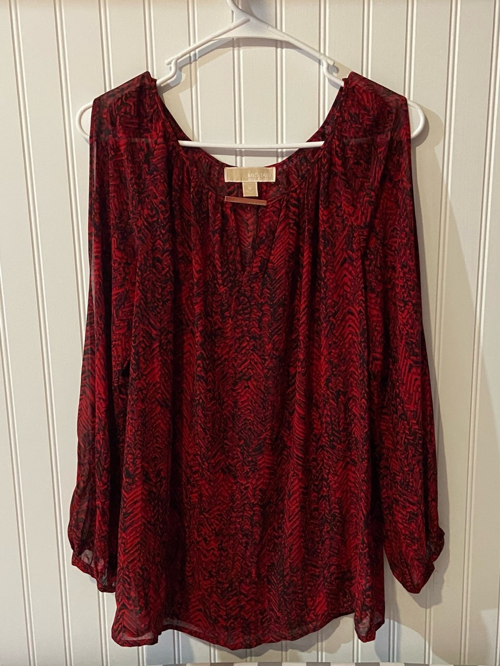 Michael Kors Red Black Print Slit Long-Sleeve Blouse Shell